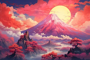 a mountain with a sunset behind it - obrazy, fototapety, plakaty