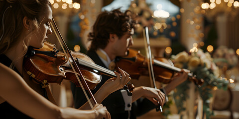 Musicians Playing Violins at Wedding Reception,Violinists Performing at Wedding Celebration
 - obrazy, fototapety, plakaty