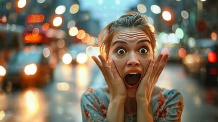 girl screams against the background of the road - obrazy, fototapety, plakaty