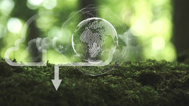 A digital model of a planet with continents rotates inside a polygonal sphere against a background of green moss and foliage in blur and sun flare with a digital cloud of carbon dioxide. Cg
