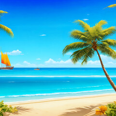 Fototapeta na wymiar Illustration of a sandy beach with a palm tree and a view of the blue ocean with fishing boats. Azure blue sky with clouds.