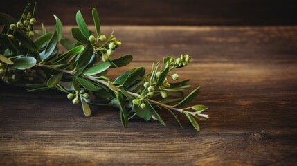 Mistletoe branches with berries on the wooden background.