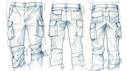 A technical drawing detailing the design of men's cargo pants - obrazy, fototapety, plakaty