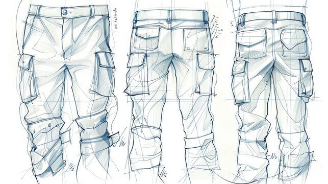 A technical drawing detailing the design of men's cargo pants