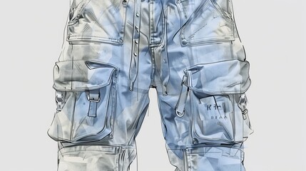 A technical drawing of men's cargo pants made from soft denim, showcasing the design's details - obrazy, fototapety, plakaty
