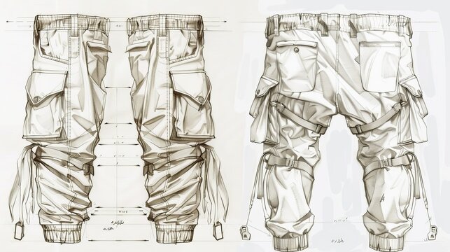 A technical drawing of men's cargo pants made from soft denim, showcasing the design's details