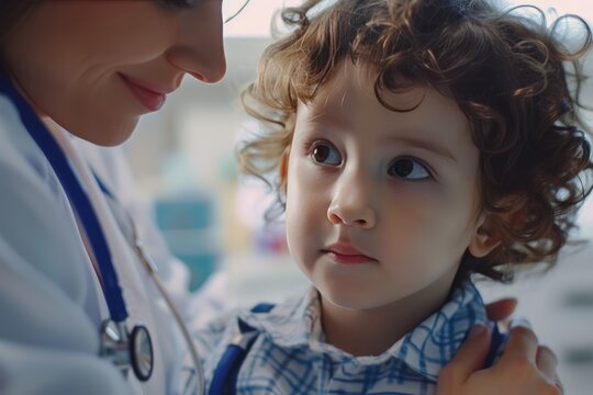 Stock image of a pediatrician gently examining a young child conveying trust and gentle care in a pediatric clinic