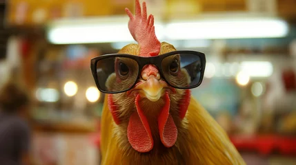 Fotobehang Zbliżenie na kurczaka w przeciwsłonecznych okularach © Kumulugma