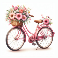 Watercolor illustration of rose retro bike with spring flowers in the basket. 