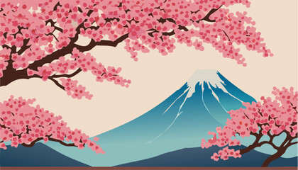 Japanese garden with cherry blossoms  and mountains