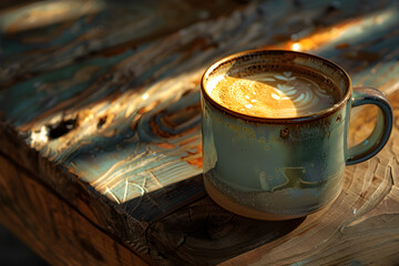 Cappuccino coffee in a handmade ceramic mug on a wooden table at golden hour