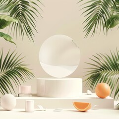 Podium with a tropical plant in the background for branding mockups, cosmetics, beauty products