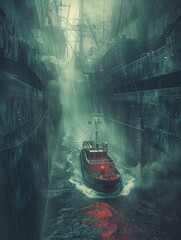 image of a small agile boat maneuvering around a large wall blocking the way of massive ships - obrazy, fototapety, plakaty