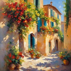 Fototapeta na wymiar impressionism oil painting concept, summer day in Italy. Italian street with blooming flowers, city landscape. for card, sticker, interior, banner, flyer, poster
