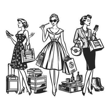 Three elegant women in 1950s fashion with shopping bags, cosmetics, and luggage sketch engraving generative ai fictional character raster illustration. Scratch board imitation. Black and white image.