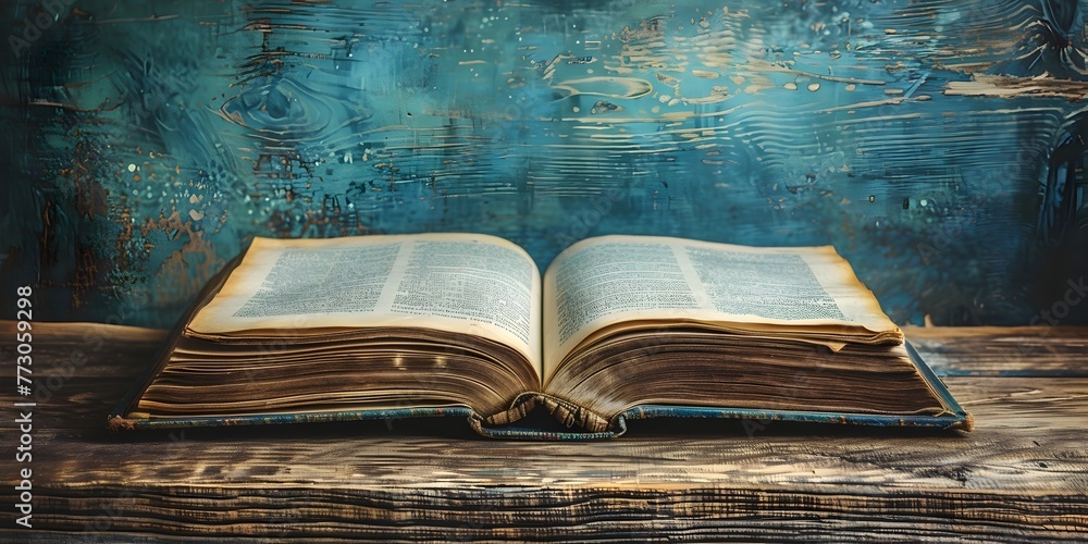Poster an open book resting on a weathered wooden table its pages illuminated by a warm ambient light