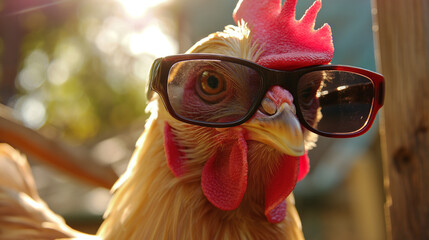 Zbliżenie na kurczaka w przeciwsłonecznych okularach