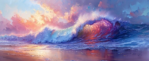 Wave of the Month Colorful Sunset Wave Crashing on the Beach Generative AI