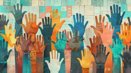 visualization of diverse hands joining together to push down a wall labeled Workplace Inequality - obrazy, fototapety, plakaty