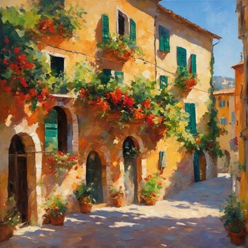 Fototapeta impressionism oil painting concept, summer day in Italy. Italian street with blooming flowers, city landscape. for card, sticker, interior, banner, flyer, poster