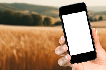 Farmer's holds a modern smartphone on a field background