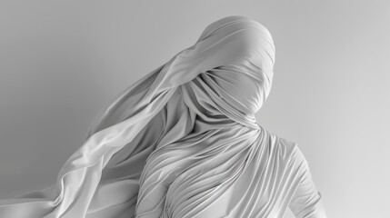 Female sculpture in white cloth on gray background - obrazy, fototapety, plakaty