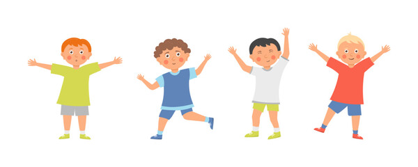 The concept is fun and vibrant moments of childhood. Happy kids cartoons collection isolated on white background. Boys and girls are playing together happily jump. Vector illustration