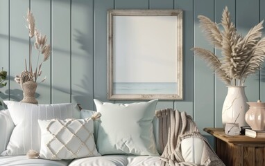 Mockup frame close up in coastal style home interior background, 3d render