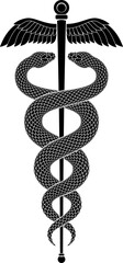 Vector tattoo design of two black snakes winding around winged staff in shape of Caduceus sign.  Isolated silhouette of commerce or medicine symbol.