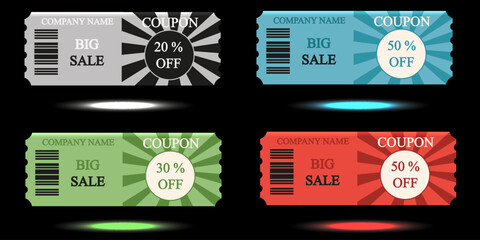 Set of 3D Sale Coupon isolated black background. 3D Voucher in trendy Retro circus tent style. Vector illustration can used web Sale design. Fair template element.  