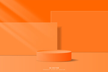 Abstract minimal scene for product mockup. Orange 3D cylinder pedestal stage podium with rectangle geometric shape backdrop. platform for showcase. 3D vector rendered for cosmetic product.