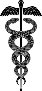 Vector tattoo design of two black snakes winding around winged staff in shape of Caduceus sign.  Isolated silhouette of commerce or medicine symbol.