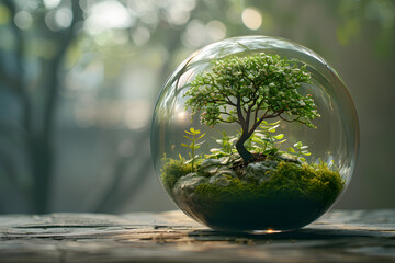 An eco-sphere, a sustainable ecosystem in a glass ball, promoting sustainability and self-sustaining environments. - obrazy, fototapety, plakaty