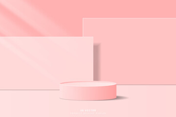 Abstract minimal scene for product mockup. Pink 3D cylinder pedestal stage podium with rectangle geometric shape backdrop. platform for showcase. 3D vector rendered for cosmetic product.
