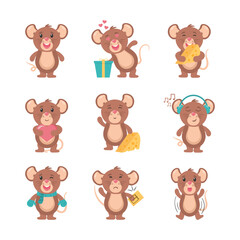 Funny little grey mouse collection. Mouse cartoon animal, little rodent adorable, happy cheerful mascot vector illustration. Set of cute mice on white background. Little rat with food, character