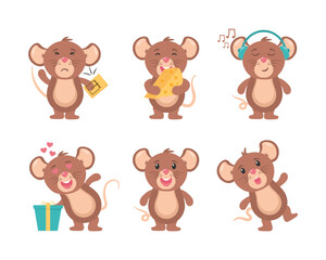 Funny little grey mouse collection. Mouse cartoon animal, little rodent adorable, happy cheerful mascot vector illustration. Set of cute mice on white background. Little rat with food, character