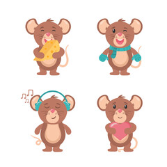 Obraz premium Funny little grey mouse collection. Mouse cartoon animal, little rodent adorable, happy cheerful mascot vector illustration. Set of cute mice on white background. Little rat with food, character