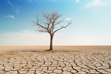 A single barren tree stands on a vast cracked earth surface under a blue sky, epitomizing drought. Lone Tree on Cracked Earth