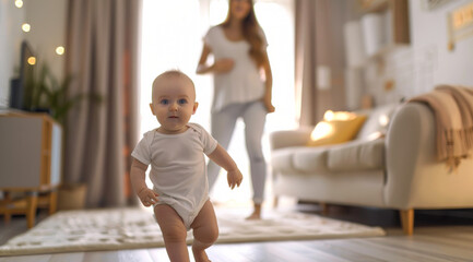 Adorable baby walking in a bright living room, mom is standing behind and watching. Baby's first steps and growth.
