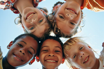 Group of multiethnic children, boys and girls, keeping heads together in circle and looking down into camera and smiling, behind a clear blue sky. Friendship, oneness and tolerance.