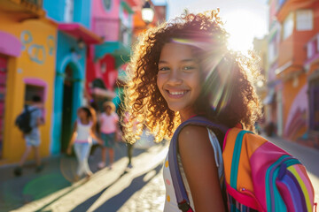 Portrait of a cute smiling girl with curly hair, wearing backpack, going to school through colourful city streets on a sunny morning.