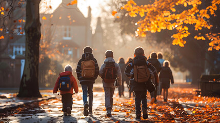 Group of children with schoolbags going to school in the sunny and foggy autumn morning, view from the back. Back to school concept.