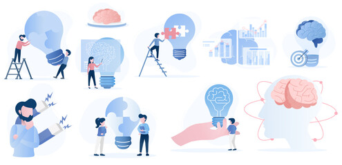 Collection set of business brainstorming ideas. Includes strategy planning, tactical thinking, learning, thinking outside the box, problem solving, and management. Illustrated in a flat vector design.