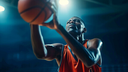 Basketball player training alone indoors, preparing to shoot, dramatic light coming from reflectors.