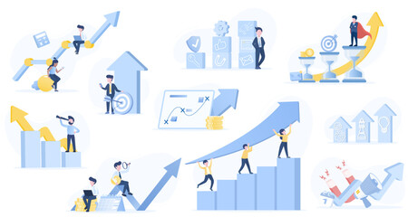 Business ideas collection set. A variety of scenes depicting startups, stock market, data analysis, creativity, thinking, strategic planning, business growth, and success. Flat vector illustration.