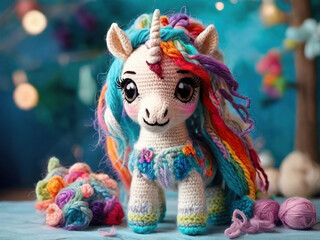 DIY unicorn toy knitted from multi-colored yarn.