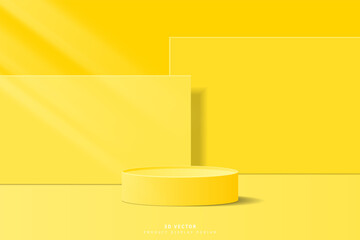Abstract minimal scene for product mockup. Yellow 3D cylinder pedestal stage podium with rectangle geometric shape backdrop. platform for showcase. 3D vector rendered for cosmetic product.