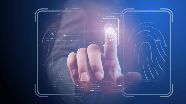 Access rights verification concept. Matching human digital fingerprints. Two sensors against the background of a person touching a finger with a flickering light dot of a scanner. Cg