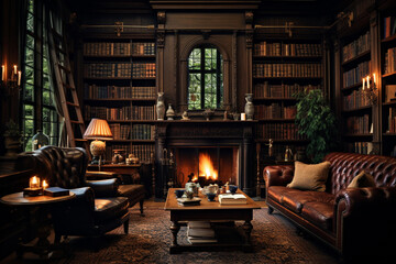 A cozy living room with a fireplace and a large collection of books - obrazy, fototapety, plakaty