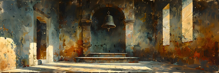 Bell in the church,
Old retro copper bells in church 3d image - obrazy, fototapety, plakaty